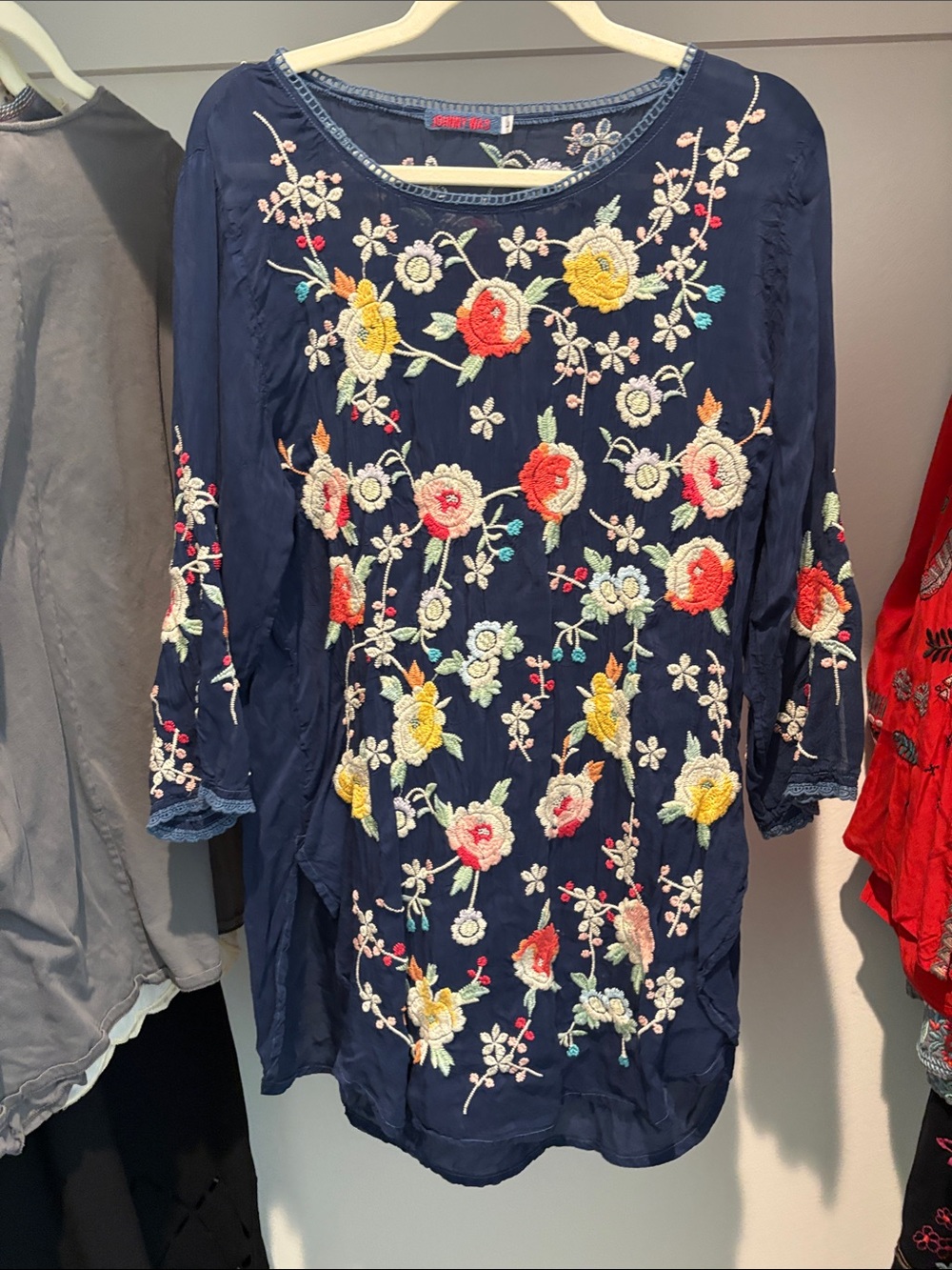 Johnny Was Navy Embroidered Floral Tunic with Multicolor Flowers